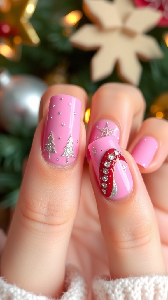 Short Pink Christmas and New Year Short pink nails with glitter and holiday designs for Christmas and New Year